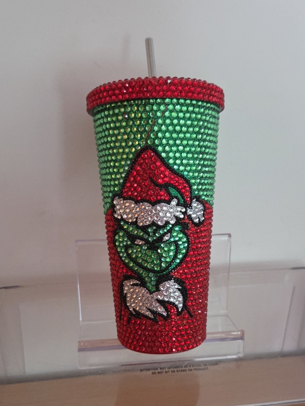 Green & Red Grinch Crystal Tumbler - Sparkling Holiday Drink Cup, NWOT